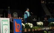 Brian O. Hemphill, Ph值.D., delivers his first commencement address as ODU president Saturday morning at Chartway Arena. 图Chuck Thomas/ODU